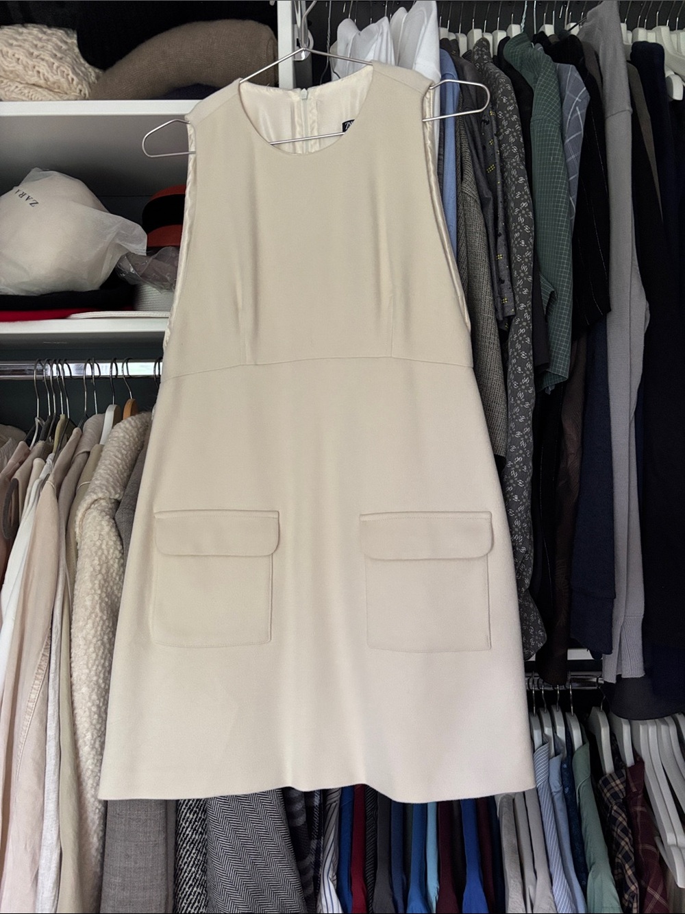 Zara Cream Sleeveless Shift Dress with Front Flap Pockets
